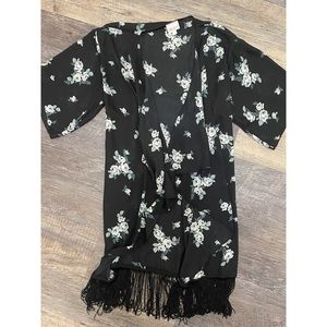 Neutral Monochromatic Floral Kimono, Sheer Fringe, Lularoe Monroe